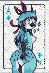 aj_jackalope anthro ass_folding avian balls big_butt bird black_balls blue_body butt femboy genitals hi_res male nipples rubber2d solo thick_thighs transformation