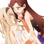  2girls arm_at_side artist_name bare_arms bare_shoulders black_bra blonde_hair blush bra brown_eyes brown_hair brown_hairband camisole closed_mouth clothes_pull commentary_request curtained_hair eye_contact face-to-face flipped_hair frilled_camisole frills from_side hairband hand_on_another&#039;s_chin hand_up komuzuka light_blush long_hair looking_at_another multiple_girls navel nose_blush open_mouth panties profile purple_eyes purple_shorts saijou_claudine see-through_camisole see-through_clothes shorts shorts_pull shoujo_kageki_revue_starlight signature simple_background stomach straight_hair teeth tendou_maya tongue tongue_out underwear upper_teeth_only v-shaped_eyebrows wavy_sidelocks white_background white_bra white_camisole white_panties yuri 