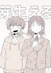  2girls absurdres anger_vein angry arm_at_side blazer blush collared_shirt commentary_request constricted_pupils cowboy_shot dress_shirt fujii_ayame futsuu_no_keion-bu hand_on_own_chest hands_in_pockets hatono_chihiro highres hood hood_down hoodie jacket lapels long_sleeves monochrome multiple_girls neck_ribbon notched_lapels open_mouth osada_sushi pleated_skirt ribbon sanpaku scene_reference school_uniform shaded_face shirt skirt teeth upper_teeth_only wing_collar winter_uniform wolf_cut 