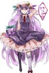  akagashi_hagane alternate_costume bad_id bad_pixiv_id blush bow hair_bow hand_behind_head hat highres long_hair mukyuu necktie patchouli_knowledge purple_eyes purple_hair purple_legwear simple_background sketch solo thighhighs touhou very_long_hair walking white_background 