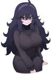  1girl @_@ absurdres ahoge breasts dress edmonmondo hairband hex_maniac_(pokemon) highres large_breasts long_hair looking_at_viewer messy_hair pokemon pokemon_xy purple_dress purple_eyes purple_hair purple_hairband sitting smile solo white_background 