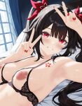  1girl arms_up bed bed_sheet black_bra black_hair blush bow bra breasts chest_tattoo collarbone commentary cupless_bra curtains day double-parted_bangs english_commentary eyelashes fingernails flower_tattoo grin hair_bow hair_intakes hair_spread_out headboard highres honkai:_star_rail honkai_(series) indoors lace lace_bra large_breasts lewd_chan long_hair looking_at_viewer lying nail_polish nipples no_shirt on_back on_bed pillow red_bow red_eyes red_nails smile solo sparkle_(honkai:_star_rail) steam steaming_body sweaty_armpits tattoo twintails underwear upper_body variant_set window 