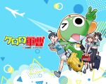  aircraft airplane bag black_eyes black_hair blue_background copyright_name dress frog hat hinata_aki hinata_fuyuki hinata_natsumi keroro keroro_gunsou long_hair navel official_art official_wallpaper one_eye_closed pants red_eyes red_hair shirt shoes short_hair shorts simple_background skirt socks star_(symbol) suitcase sunglasses t-shirt v yoshizaki_mine 
