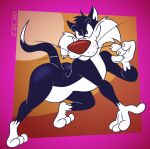 2025 3_toes 4_fingers abstract_background alternate_version_at_paywall anthro arched_back belly bent_leg big_butt biped black_eyes black_fur_markings butt cheek_tuft claws colored crouching curling_tail curvy_figure digital_drawing_(artwork) digital_media_(artwork) dipstick_tail domestic_cat evil_grin facial_tuft feet felid feline felis finger_claws fingers flat_colors fur gavanzude glistening glistening_butt gloves_(marking) head_tuft hi_res humanoid_heel leg_markings looney_tunes male mammal markings mischievous mischievous_smile multicolored_body multicolored_fur paws pinup plantigrade pose raised_heel red_nose signature smile sneaky socks_(marking) solo spine sylvester_(looney_tunes) tail tail_markings tiptoes toes tuft two_tone_body two_tone_fur warner_brothers whisker_spots whiskers white_belly white_body white_feet white_finger_claws white_fur white_hands white_sclera white_tail_tip wide_hips