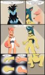 2015 3:5 absurd_res anthro anthro_to_feral biped black_body black_hair blue_body breasts cindy_(swack16) colored comic dialogue english_text eyes_closed featureless_breasts featureless_crotch female female_anthro fingers generation_1_pokemon generation_2_pokemon generation_4_pokemon green_hair group hair hi_res kirara_(swack16) lina_(swack16) luxray male male_anthro motion_lines multi_tail nintendo nude open_mouth orange_hair paws pokemon pokemon_(species) quilava simple_background sitting sitting_on_ground smile standing tail text transformation trio vulpix white_body wolferion yellow_body