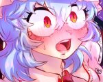  1girl blue_hair blush carumikoto close-up collared_shirt commentary_request constricted_pupils eyelashes fang frilled_shirt_collar frills hat lips medium_hair nose_blush open_mouth pink_hat pink_shirt red_eyes remilia_scarlet shirt slit_pupils solo surprised sweatdrop teeth tongue touhou trembling upper_teeth_only v-shaped_eyebrows wide-eyed 