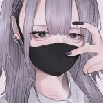  1girl aegyo_sal black_eyes black_mask black_nails center-flap_bangs close-up collared_shirt covered_mouth ear_piercing earrings eyelashes finger_to_head fingernails grey_hair highres jewelry long_fingernails long_hair looking_at_viewer mano_aaa mask mouth_mask nail_polish original piercing shirt sidelocks solo white_shirt 