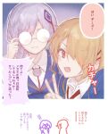  2girls blonde_hair blue_jacket glasses grey_hair hair_ornament hair_over_one_eye hair_over_shoulder hairclip heaven_burns_red highres izumi_yuki_(heaven_burns_red) jacket kayamori_ruka long_hair long_sleeves low-tied_long_hair multiple_girls necktie one_eye_covered open_mouth red_eyes red_necktie round_eyewear scorpio95715391 shirt short_hair v white_shirt yuri 