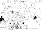 2025 anthro bottomwear building canid canine clothing duo flexing grin growth jacket laugh macro male mammal mercurialentropy monochrome muscle_growth pants size_difference smile topwear torn_clothing