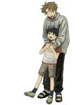  2boys :d ^_^ affectionate age_difference aged_down black_hair black_pants blue_socks blush brothers brown_eyes brown_hair brown_shorts child closed_eyes commentary_request futsuu_no_keion-bu grey_hoodie happy height_difference highres hood hoodie hug hug_from_behind long_sleeves male_focus multiple_boys pants red_shirt sandals shirt shoes short_hair short_sleeves shorts siblings simple_background smile sneakers socks t-shirt takami_kouki takami_ryuki v-shaped_eyebrows white_background white_shirt zz_5mm 