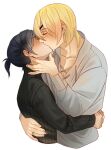  2boys arms_around_waist black_hair black_shirt blonde_hair blush closed_eyes commentary cropped_torso cross-laced_clothes dimitri_alexandre_blaiddyd dimitri_alexandre_blaiddyd_(timeskip) english_commentary eyepatch felix_hugo_fraldarius felix_hugo_fraldarius_(timeskip) fire_emblem fire_emblem:_three_houses grey_shirt hair_behind_ear hand_on_another&#039;s_back hand_on_another&#039;s_neck head_back highres jewelry long_sleeves male_focus multiple_boys parted_bangs plaemon ponytail profile ring shirt short_ponytail simple_background turtleneck white_background yaoi 