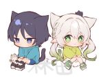  1boy 1girl alternate_costume alternate_hairstyle animal_ears animalization black_cat black_hair black_shoes blue_hoodie blue_sleeves blush casual cat cat_boy cat_ears cat_girl cat_tail chibi closed_mouth colored_tips contemporary cross-shaped_pupils drawstring eyeliner eyeshadow frilled_hoodie genshin_impact gradient_hair gradient_tail green_eyes green_hair green_hoodie green_pupils green_sleeves hair_between_eyes hair_intakes half_crown_braid hands_on_own_knees hayashidadesu hood hoodie knees_together_feet_apart long_hair long_sleeves low_twintails makeup multicolored_hair nahida_(genshin_impact) person_and_animalization pointy_ears purple_eyes red_eyeliner red_eyeshadow scaramouche_(cat)_(genshin_impact) scaramouche_(genshin_impact) shoes sidelocks sitting smile sneakers streaked_hair symbol-shaped_pupils tail tareme translation_request twintails white_background white_cat white_hair wispy_bangs 