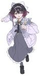  1girl anime_coloring ankle_boots asymmetrical_bow asymmetrical_collar asymmetrical_hairband black_boots black_hair black_neckerchief black_ribbon blush bob_cut boots bow brooch button-down_collar checkered_bow checkered_clothes checkered_collar checkered_print chinese_commentary clenched_hands coat collar colored_tips commentary_request double-parted_bangs dress flower_brooch frilled_collar frills full_body gold_buttons gradient_hair grey_bow grey_coat grey_dress grey_hairband grey_sleeve_cuffs grey_sleeves grey_socks hair_bow hair_ornament hairband hairclip high_collar huise_guozi jewelry lace-trimmed_dress lace_trim large_bow long_sleeves medium_hair mismatched_bow mismatched_collar mismatched_hairband multicolored_hair neck_ribbon neckerchief original pleated_collar pocket print_neckerchief puritan_collar purple_hair ribbon running running_towards_viewer sailor_collar simple_background sketch socks solo star_(symbol) sweater_coat two-tone_hair unfinished unworn_hair_ornament unworn_hairclip white_background white_bow white_hairband white_sailor_collar wide_sleeves yellow_eyes 