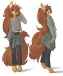 2025 4_toes abdominal_tattoo anthro apogee_(tinygaypirate) barefoot bottomwear breasts brown_body brown_eyes brown_fur brown_tail canid canine canis claws clothed clothed_anthro clothed_female clothing countershade_torso countershading digital_media_(artwork) domestic_dog ear_piercing feet female fingers front_view fully_clothed fully_clothed_anthro fully_clothed_female fur gauged_ear hi_res inner_ear_fluff looking_aside looking_back mammal neck_tattoo one_ear_up paws piercing side_view simple_background small_breasts solo standing tail tan_body tan_fur tattoo tinygaypirate toe_claws toes topwear tuft white_background