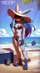 2025 4_toes 5_fingers alice_(itswolven) anthro beach bikini bikini_bottom bikini_top biped blue_body blue_fur blue_hair blue_tail breasts claws clothed clothed_anthro clothed_female clothing cloud day digital_media_(artwork) ear_piercing eeveelution eyewear feet female finger_claws fingers food front_view fur generation_4_pokemon glaceon glasses hair hat headgear headwear hi_res holding_food holding_object holding_popsicle itswolven navel navel_piercing nintendo outside palm_tree piercing plant pokemon pokemon_(species) popsicle sand sea sky solo standing swimwear tail toe_claws toes tree two-piece_swimsuit water