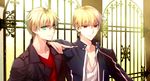  arthur_pendragon_(fate) blonde_hair casual fate/prototype fate/stay_night fate_(series) gilgamesh green_eyes hachini male_focus multiple_boys red_eyes 