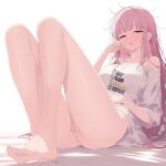  1girl absurdres alternate_costume anus bare_legs barefoot bottomless cleft_of_venus half-closed_eyes hand_on_own_cheek hand_on_own_face hand_on_own_stomach highres hololive hololive_english long_hair messy_hair mori_calliope naked_shirt no_panties off-shoulder_shirt off_shoulder pink_hair print_shirt pussy reclining red_eyes shirt single_bare_shoulder solo t-shirt takokatsu underwear very_long_hair virtual_youtuber white_shirt 