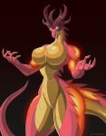 anthro big_breasts breasts countershade_legs countershade_thighs countershade_torso countershading digital_drawing_(artwork) digital_media_(artwork) dragon eyebrow_spikes fangs featureless_breasts featureless_crotch female front_view glowing glowing_arms glowing_body glowing_eyes glowing_legs glowing_tail gold_scales hi_res hiverdose horn huge_breasts long_tail mythological_creature mythological_scalie mythology non-mammal_breasts nude nude_female open_mouth raised_hands red_body scales scalie simple_background solo spikes spines tail teeth thick_thighs thigh_spikes unnamed_character ventral_scales wide_hips