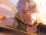  1boy armor black_choker black_shirt blue_eyes choker clenched_teeth crying crying_with_eyes_open hashtag-only_commentary honkai:_star_rail honkai_(series) ilriyum looking_at_viewer male_focus neck_tattoo parted_bangs pauldrons phainon_(honkai:_star_rail) shirt short_hair shoulder_armor single_pauldron solo sun_symbol sun_tattoo tattoo tears teeth white_hair 