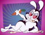 2025 3_toes anthro artist_name barefoot black_body black_ears black_fur black_tail bunnicula bunnicula_(series) butt carrot carrot_juice digital_media_(artwork) fangs feet food fur gavanzude half-closed_eyes hi_res holding_carrot holding_food holding_object holding_vegetable juice_(beverage) lagomorph leporid long_ears looking_away lying male mammal multicolored_body multicolored_fur narrowed_eyes on_side pink_sclera plant rabbit red_eyes scut_tail sharp_teeth short_tail smile solo tail teeth text toes two_tone_body two_tone_fur two_tone_tail vampire vegetable white_body white_fur white_nose white_tail