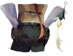  1boy ass ass_focus belt black_belt black_gloves brown_hair earrings from_behind genshin_impact gloves hand_on_own_ass highres jewelry long_hair male_focus ring simple_background solo tassel tassel_earrings thumb_ring twitter_username vc_ooo white_background zhongli_(genshin_impact) 