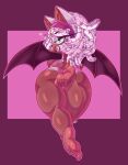 anthro bat bat_wings big_butt black_nose bra brown_body brown_fur butt clothing colored_nails dreadlocks ear_piercing eyelashes eyeshadow feet female fur green_eyes hair heart_symbol hi_res looking_at_viewer looking_back looking_back_at_viewer lying makeup mammal membrane_(anatomy) membranous_wings nails on_front panties piercing pink_background pink_bra pink_clothing pink_nails pink_panties pink_underwear purple_background purple_eyeshadow purple_wings rear_view rouge_the_bat rouge_the_bat_(kailewds) sega simple_background smile solo sonic_the_hedgehog_(series) thebeanghost_(artist) thick_thighs underwear white_body white_fur white_hair wide_hips wings