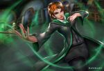  1girl black_leggings black_skirt brown_hair cowboy_shot galakushi green_necktie hands_up harry_potter:_hogwarts_mystery harry_potter_(series) hogwarts_school_uniform holding holding_wand indoors leggings merula_snyde multicolored_hair necktie non-web_source orange_hair purple_eyes robe school_uniform skirt slytherin solo two-tone_hair wand wizarding_world 