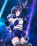  1girl ;d absurdres asaka_karin bandeau black_bridal_gauntlets black_thighhighs blue_bandeau blue_eyes blue_hair blue_shorts blunt_bangs blurry blurry_background breasts bridal_gauntlets collarbone commentary cowboy_shot detached_collar fishnet_thighhighs fishnets garter_straps hand_on_own_hip highres kujo_awenn large_breasts looking_at_viewer love_live! love_live!_nijigasaki_high_school_idol_club medium_hair midriff navel official_alternate_costume one_eye_closed parted_lips shorts smile solo standing thighhighs vivid_world_(love_live!) 