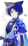  1boy anemo_symbol_(genshin_impact) animal_ear_fluff animal_ears aqua_gemstone arms_at_sides belt black_belt black_bodysuit black_bow black_bridal_gauntlets black_hair blue_cape blue_hair blue_kimono blunt_ends bodysuit bow bridal_gauntlets cape cat_ears covered_collarbone fang feathers furisode gem genshin_impact gold highres japanese_clothes juban kimono looking_to_the_side male_focus mandarin_collar multicolored_hair nuuko_09 open_clothes open_kimono parted_lips pom_pom_(clothes) purple_eyes purple_sash sash scaramouche_(genshin_impact) short_sleeves sidelighting sketch skin_fang solo streaked_hair twitter_username upper_body wanderer_(genshin_impact) white_kimono white_sleeves yellow_feathers 