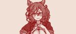  1girl animal_ears breasts brown_theme cleavage closed_mouth clothes_lift commentary_request horse_ears horse_girl jungle_pocket_(umamusume) large_breasts lifting_own_clothes looking_at_viewer lowres medium_hair monochrome shiodanx shirt shirt_lift simple_background smile solo umamusume upper_body wavy_hair 