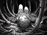  1boy armor black_background black_mouth cable crazy_eyes genshin_impact greyscale hair_pulled_back japanese_armor japanese_clothes juban kimono kingyo_(nyankomanjyuu15) knees_up kote looking_at_viewer lying male_focus mitsudomoe_(shape) monochrome on_back open_clothes open_kimono open_mouth outstretched_arms scaramouche_(genshin_impact) short_sleeves shorts solo spread_arms tomoe_(symbol) wispy_bangs 