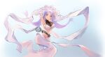  1girl armpits arms_up azur_lane breasts cleavage closed_mouth dress ganj-i-sawai_(azur_lane) gradient_hair highres impasto large_breasts looking_at_viewer modothirly multicolored_hair parted_bangs pink_hair purple_eyes purple_hair smile solo white_dress 