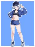  1girl absurdres alternate_costume black_sports_bra blue_background blue_eyes blue_hair blue_hat blue_jacket blue_shorts border breasts collarbone commentary_request cropped_jacket full_body furina_(genshin_impact) genshin_impact grin hair_between_eyes hand_on_own_hip hat headphones headphones_around_neck highres jacket long_sleeves midriff multicolored_hair narawannko navel open_clothes open_jacket outline shoes short_hair short_shorts shorts simple_background small_breasts smile sneakers solo sports_bra standing streaked_hair twitter_username two-tone_hair v white_border white_hair white_outline 