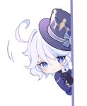  1girl :&lt; ahoge black_gloves blue_eyes blue_hat blue_jacket chage_(chage_00) chibi commentary_request furina_(genshin_impact) genshin_impact gloves hat jacket looking_at_viewer short_hair simple_background solo top_hat white_background white_hair 
