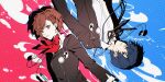  1boy 1girl black_jacket black_ribbon blue_background blue_eyes blue_hair brown_hair gekkoukan_high_school_uniform hashtag-only_commentary headphones highres jacket lluyss neck_ribbon parted_lips persona persona_3 persona_3_portable persona_3_reload pink_background red_eyes red_ribbon ribbon school_uniform shiomi_kotone shirt split_screen upside-down white_shirt yuuki_makoto_(persona_3) 