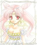  bare_shoulders bishoujo_senshi_sailor_moon breasts chibi_usa crescent double_bun earrings facial_mark forehead_mark hair_ornament hairpin jewelry long_hair lowres medium_breasts older pink_hair princess puffy_sleeves red_eyes shirataki_kaiseki small_lady_serenity smile solo twintails 