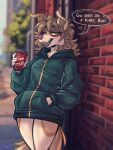 2025 5_fingers absurd_res anthro beverage bottomless brown_hair canid canine canis clothed clothing coffee coffee_cup container cup dimmi_(dimwitdog) dimwitdog domestic_dog english_text female fingers first_person_view fur hair hand_in_pocket hi_res hoodie looking_at_viewer mammal offscreen_character open_mouth pink_nose pockets solo tan_body tan_fur text tim_hortons topwear