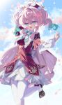  1girl arm_behind_head beret black_shoes blue_bow blue_bowtie blue_eyes blue_hair blue_sky bow bowtie cloud cloudy_sky commentary_request cowboy_shot day dress gradient_hair hair_between_eyes hand_up hat hat_ornament highres honkai:_star_rail honkai_(series) hyacine_(honkai:_star_rail) iyo_(kgjc8574) leg_up long_hair long_sleeves looking_at_viewer multicolored_hair open_mouth outdoors pantyhose petals pink_hair puffy_long_sleeves puffy_sleeves purple_bow red_dress red_hat shoes sidelocks sky smile solo sparkle standing standing_on_one_leg twintails two-tone_dress wavy_hair white_dress white_pantyhose 