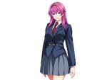  1girl aqua_eyes blazer blue_eyes blue_jacket buttons collared_shirt cowboy_shot game_cg gentle_sasaki grey_skirt hair_between_eyes jacket long_hair long_sleeves looking_at_viewer necktie non-web_source official_art open_mouth pink_hair pleated_skirt pocket red_necktie school_uniform shindou_hatsune shirt skirt smile solo soukou_senki_prism_reica standing transparent_background white_shirt 