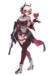  1girl artist_request belt black_thighhighs book boots breasts cleavage covered_navel cropped_hoodie gradient_thighhighs grey_hoodie gun hair_ornament headgear heart highres holding holding_gun holding_weapon hood hood_down hoodie multicolored_hair official_art red_belt red_eyes red_hair red_thighhighs rifle shoes short_hair sinthya_sanguine solo streaked_hair tactical_clothes thigh_strap thighhighs vallure weapon white_hair white_shoes 