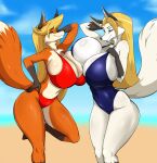 anthro beach big_breasts bikini biped blonde_hair blue_clothing blue_eyes blue_swimwear blurred_background breast_squish breasts breasts_frottage canid canine cleavage clothed clothing dipstick_tail duo female female/female fingers fox hair hand_on_hip huge_breasts jludragoon looking_at_viewer mammal markings one-piece_swimsuit portrait red_clothing red_swimwear smile squish swimwear tail tail_markings thick_thighs three-quarter_portrait two-piece_swimsuit white_sclera