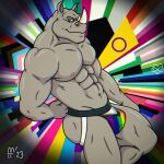 2023 abs anthro brown_eyes bulge closed_smile clothed clothing fabfelipe facial_horn grey_body grey_skin hi_res horn jockstrap jockstrap_only lgbt_pride lgbt_pride_month male mammal mouth_closed muscular muscular_anthro muscular_male navel nipples nose_horn pecs pink_nipples pride_color_clothing pride_colors rhinoceros smile solo topless topless_anthro topless_male underwear underwear_only