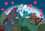 anthro bitflip_(daztoons) brown_body brown_fur canteen clothing computer_virus_(species) curved_horn daztoons eyewear fur glasses gradient_background green_body group haplorhine hat hat_only headgear headgear_only headwear headwear_only heart_eyes heart_symbol hi_res horn looking_pleasured male male/male malware mammal monkey mostly_nude orange_body primate purple_body sigh simple_background trojan wearing_glasses