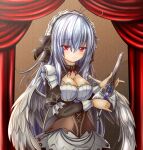  1girl ahoge aneten breasts cleavage corset emil_chronicle_online frills hair_ribbon highres holding holding_knife knife long_hair looking_at_viewer maid maid_headdress red_eyes ribbon upper_body white_hair white_wings wings 