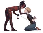  1boy 1girl absurdres adrien_agreste bdsm black_hair blonde_hair bodysuit bondage bound double_bun evil_smile green_eyes hair_bun hand_on_another&#039;s_chin highres keiori_(keiorix) marinette_dupain-cheng mask miraculous_ladybug non-web_source red_eyes red_hair shadybug smile 