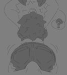 anthro arthropod black_and_white bottomwear bulge clothing denim denim_bottomwear denim_clothing denim_shorts duo erection erection_under_clothing female grinding hi_res insect lepidopteran male male/female monochrome moth motion_lines oblivious question_mark raewtf shirt shorts speech_bubble tank_top topwear