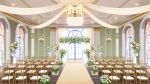  arched_window ballroom bouquet bow ceiling_light chair chandelier curtains flower glass_door highres no_humans non-web_source official_art our_life our_life:_beginnings_and_always plant poppy_(flower) potted_plant rug scenery variant_set wall_lamp white_flower window wooden_chair 