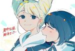  2girls backpack bag blonde_hair blue_eyes blue_hair closed_eyes closed_mouth commentary_request cone_hair_bun copyright_name diagonal_bangs double_bun fukurai_azami ha_ru_ta_38 hair_bun jasmine_(toshi_densetsu_kaitai_center) limited_palette looking_at_another multiple_girls open_mouth profile short_hair simple_background smile toshi_densetsu_kaitai_center translation_request upper_body white_background 