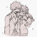  arm_around_shoulder arm_up baa_str bakugou_katsuki belt belt_buckle blush boku_no_hero_academia buckle closed_eyes collarbone collared_shirt commentary_request cropped_legs crying falling_petals freckles grey_background greyscale highres holding holding_tube jacket long_sleeves midoriya_izuku monochrome necktie open_collar open_mouth pants parted_bangs petals school_uniform shirt short_hair side-by-side simple_background suit_jacket tears teeth u.a._school_uniform upper_teeth_only wing_collar 