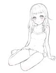  1girl alternate_costume bairasu_02 bare_shoulders barefoot bow bow_panties breasts camisole center-flap_bangs collarbone commentary covered_navel full_body greyscale highres kachimachi_kosuzu link!_like!_love_live! looking_at_viewer love_live! monochrome no_pants panties simple_background sitting small_breasts solo toes underwear virtual_youtuber white_background yokozuwari 